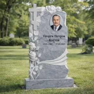 Паметник от сив мрамор 120×70 см с рози и православен кръст